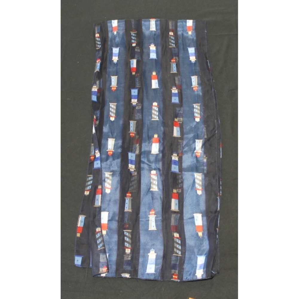 Lighthouse Print Sheer Oblong Scarf Blue Stripes Coastal Nautical 13" x 59"